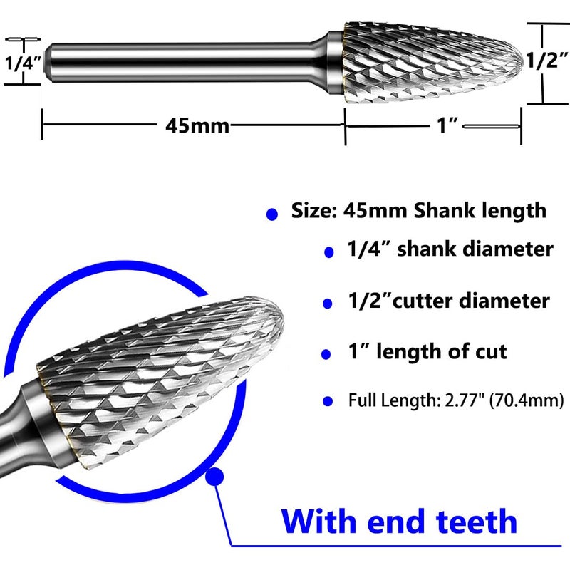 KOTVTM SF-5 Tungsten Carbide Burr Set Double Cut Rotary Burrs File(1/2â€ Cutter Dia X 1â€Cutter Length) with 1/4'' (6.35mm) Shank for Die Grinder Drill Bits (Pack of 5)â€¦ - Image 3